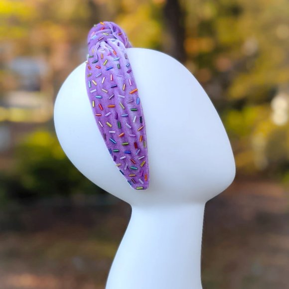 Lilac Confetti Beaded Knot Velvet Headband Rainbow Beads Handmade Knotted Turban main image 7